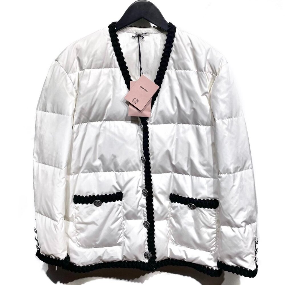 Miu Miu 2020 Re-nylon White Down Jacket With Black Trims
